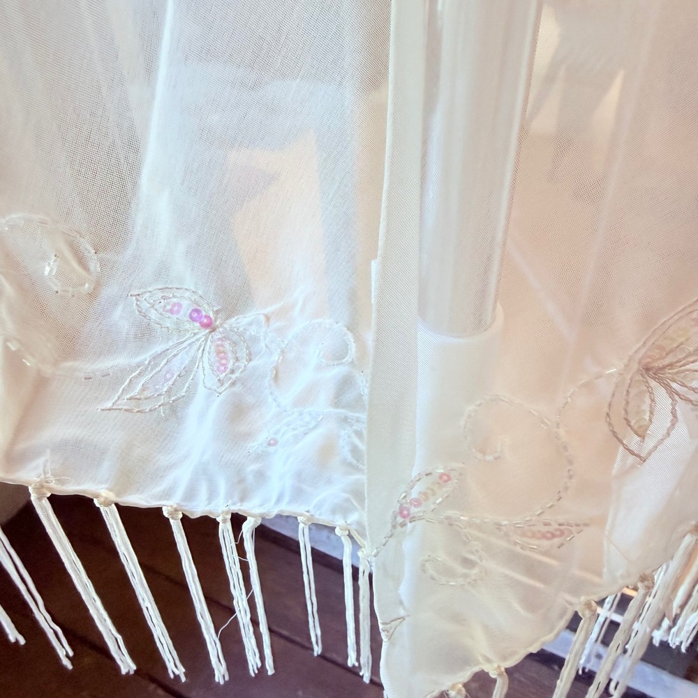 Deb White Sheer Beaded Sequin Fringe Triangle Shawl Scarf Bridal Boho NWT OS - Picture 4 of 7
